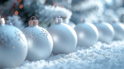 Wall Mural - White Christmas Ornaments on Snow