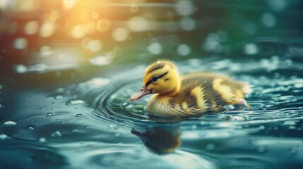 Canvas Print - Duckling swimming in pond with waves Text space included