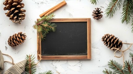 Canvas Print - Top view of white desk with chalkboard and pinecones flat lay with space for text