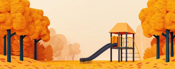 Yellow leaves, woodland playground, autumn recreation, flat design illustration