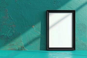 Single sleek black frame on a vibrant teal wall, modern art gallery mockup.