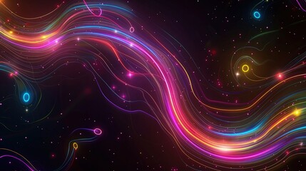 Wall Mural - Abstract multi-colored glowing neon lines and energy laser circles flying on a black background.