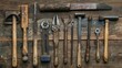 © AkuAku - Collection of old carpentry tools displayed on aged wooden surface vintage idea