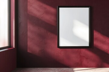 Single black frame on a deep burgundy wall, avant-garde gallery mockup in ultra HD.