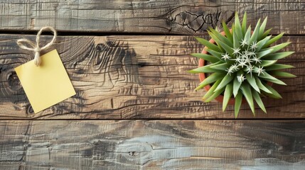 Sticker - Sticky note on wooden table with cactus in rustic setting