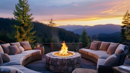 A cozy terrace lounge with a stone fire pit, plush seating, and a view of the forested mountains at dawn.