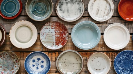 Canvas Print - Overhead view of vintage style ceramic plates on wooden surface