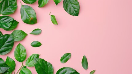 Wall Mural - Organic skincare with green leaves on pink backdrop space for text Concept of health from nature and bio inquiry