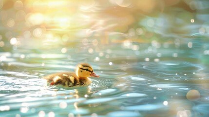 Canvas Print - Duckling swimming in pond with waves Text space included