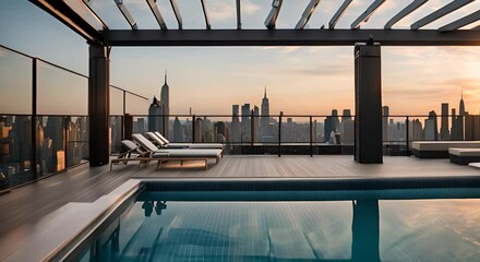 Wall Mural - Pool on a rooftop overlooking the city of New York.