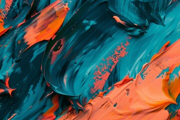Poster - This image shows bold brushstrokes in teal and orange, creating an abstract art piece. The dynamic brush movements and color interplay evoke a sense of vigor and creativity.