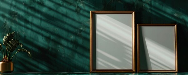 Minimalist art gallery mockup featuring two gold frames against a dark green wall background.