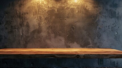 Poster - Lonely wooden countertop against a dark concrete wall in a home interior Evening with dim lighting Ample room for text