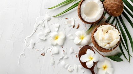 Wall Mural - Coconut butter and moisturizing cream for a home spa on a white background