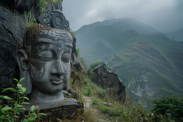 buddha statue in the temple in a forrest in the moutains