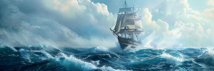 Wall Mural - a wallpaper featuring a vast, realistic ocean expanse with a majestic sailing ship navigating through rough waves