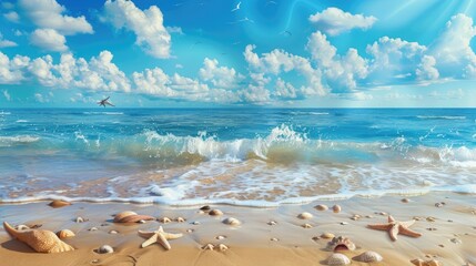 Poster - Tranquil beach setting with azure water blue sky and sea creatures