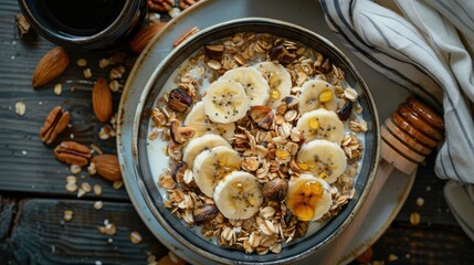 Wall Mural - Nutritious morning meal Granola topped with bananas honey nuts black coffee and fruits Healthy eating visual Ample room for text photographed from above