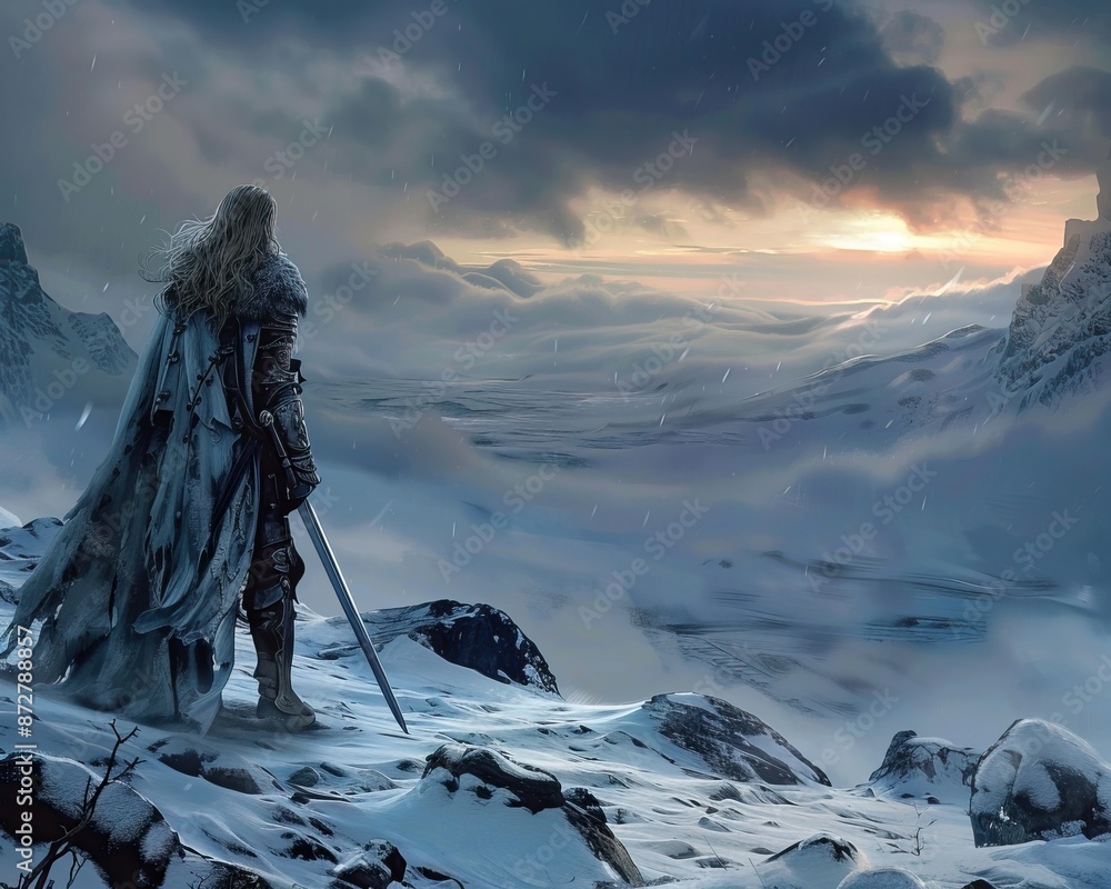 A lone warrior in armor stands atop a snowy mountain, gazing at a vast ...