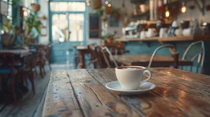 Cappuccino on wooden table in vintage coffee shop setting