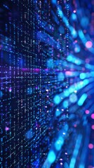 Wall Mural - A dynamic abstract background depicting streams of glowing data particles and binary code in shades of blue and purple, illustrating a futuristic digital data flow