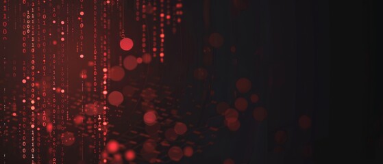 A dark abstract background featuring streams of red binary code and circular light effects, symbolizing data flow and digital technology