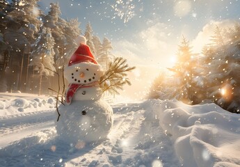 Sticker - Cute Snowman In Winter Wonderland With Santa Hat