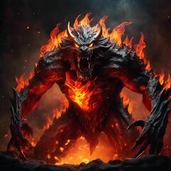 Wall Mural - ai generated illustration of a fierce fiery demon with glowing eyes and flames