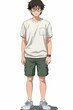 © Viktor - A young man in glasses and a white T-shirt stands with hands in pockets He wears green shorts and another white T-shirt