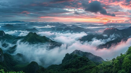 Wall Mural - A panoramic view of the sky above Lushan Mountain, with clouds and mist covering its peaks