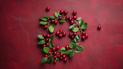 Poster - Forest lingonberries arranged in circle on burgundy surface