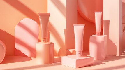 Wall Mural - Cosmetics in pink tubes on peach background with shadows