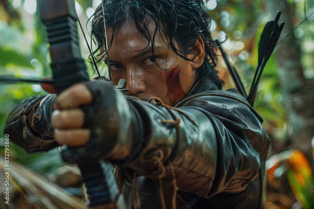 A tribal archer with war paint aims his bow, showcasing strength and focus in the wilderness. The intensity in his eyes reflects his determination and skill.