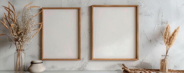 Avant-garde gallery mockup featuring two wooden frames on a light grey wall.