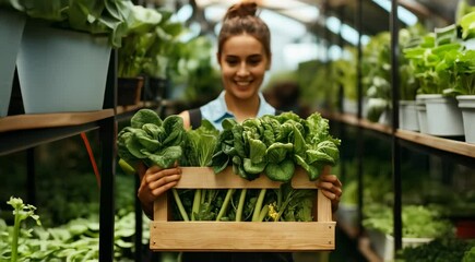 Sticker - A smiling woman holding a wooden box filled with freshly harvested leafy greens in a lush greenhouse with another person working in the background.