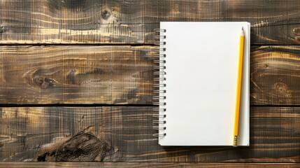 Canvas Print - Notebook and pencil on wooden desk from above with space