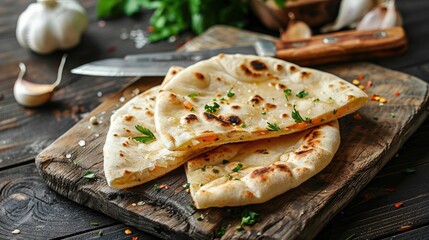 Poster - Armenian pita with carrot filling garlic and knife on wooden board