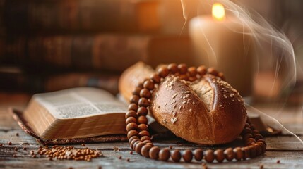 Canvas Print - Spiritual book with beads or bread focused