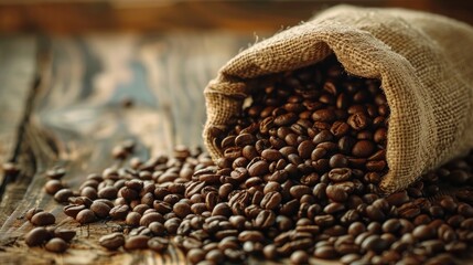 Canvas Print - Coffee beans in bag on wooden table with coffee sprinkles Cafe advertising background concept