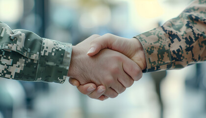 Wall Mural - Soldier and civilian shaking hands on blurred background