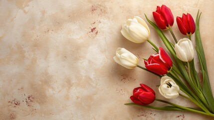 Canvas Print - Red and white tulips on beige background with space for text