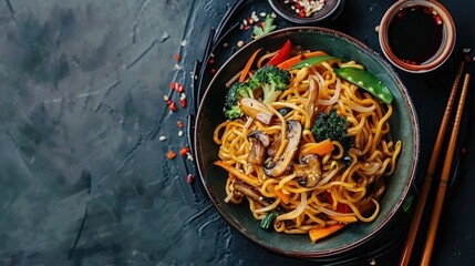 Vegetarian Lo Mein with Soy Mushrooms and Noodles on Copy Space Background