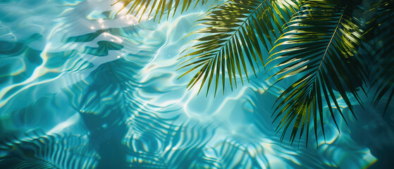 Wall Mural - Tropical leaf shadow on water surface. Shadow of palm leaves on blue water. Beautiful abstract background concept banner for summer vacation at the beach