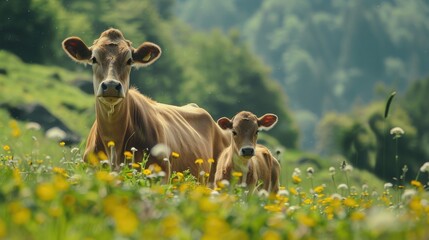 Mountain cow calf and mother in rural setting agriculture and food sector