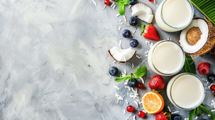 Sticker - Coconut milk and fruit in glass on neutral background vegan non dairy drink in rustic setting Alternative healthy milk Overhead view