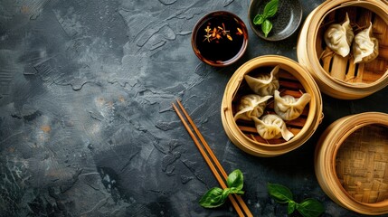 Wall Mural - Chinese traditional cuisine concept with dumplings and sauces served in bamboo steamer Background of Asian food with copy space