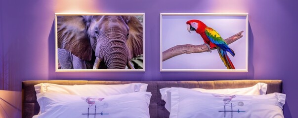 Wall Mural - A serene bedroom with a lavender wall presenting two frames: one with a majestic elephant and the other with a vibrant parrot, illuminated gently.