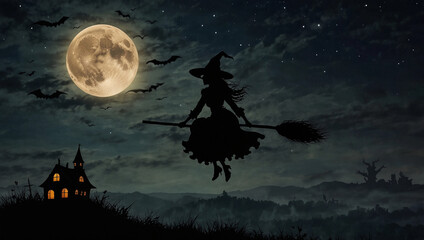 Charmed female witch flying on broom at midnight over full moon dark ritual halloween power magic day