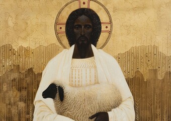 Wall Mural - Black Pastor with a sheep - Holy African American Man with a lamb - Religious Leader of the Church