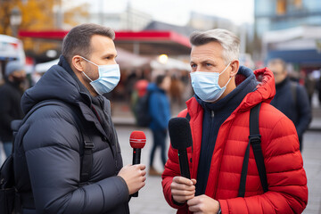 Wall Mural - Professional reporter journalist in front of camera making breaking news reportage Generative AI picture